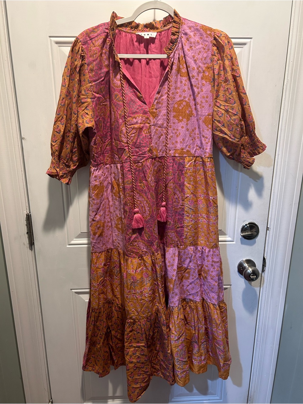 THMLBoho Patchwork Midi Dress in Pink & Rust